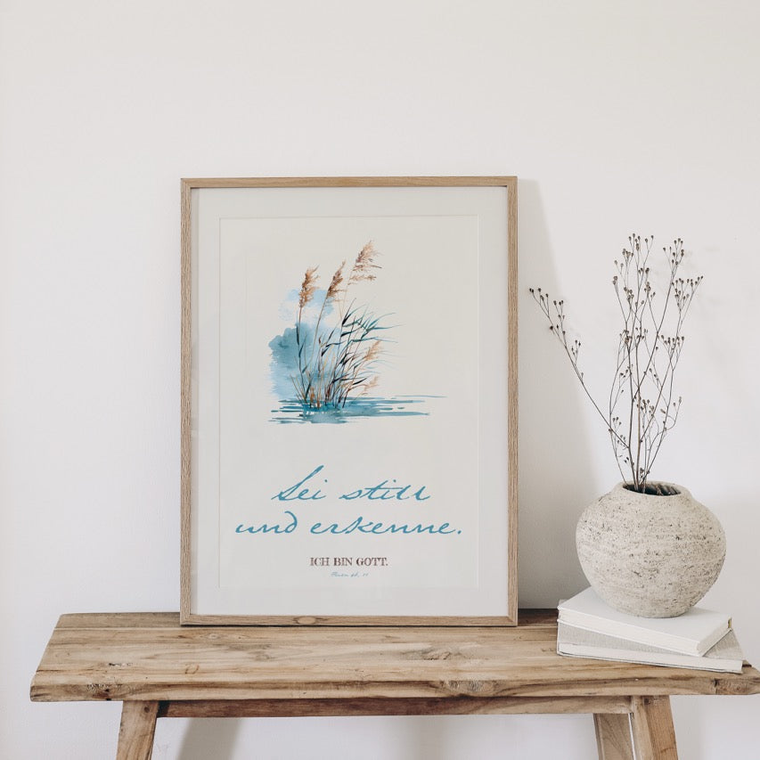 Sei still und erkenne - Poster DIN A3 | Bibelvers Wandbild
